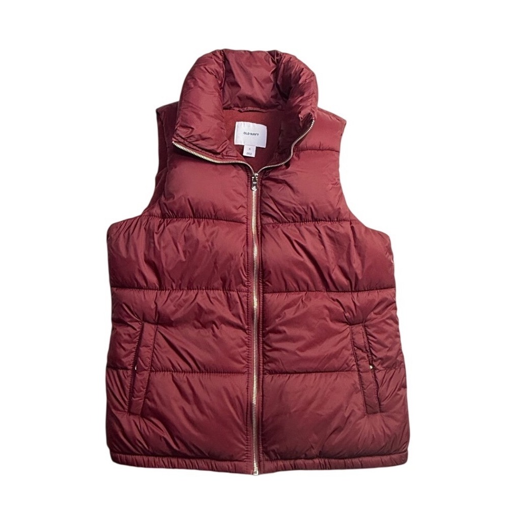 Old Navy Womens Puffer Vest Burgundy Fleece Lined Quilted Full Zip Small-H